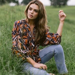 LaRoque Nell Abstract Print Cotton Balloon Sleeve Tassel Tie Boho Top Blouse - S